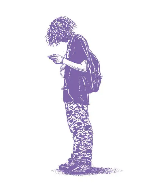 Vector illustration of Hipster boy using phone and listing to music