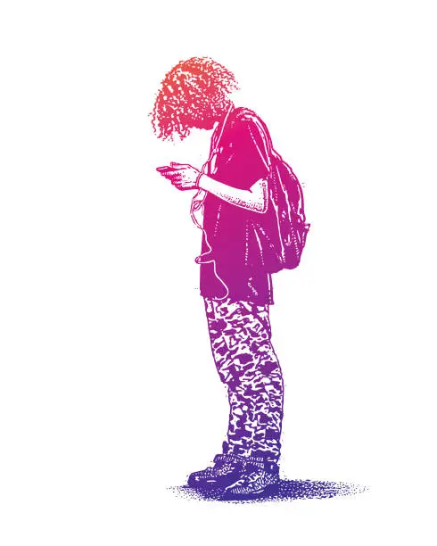 Vector illustration of Hipster boy using phone and listing to music