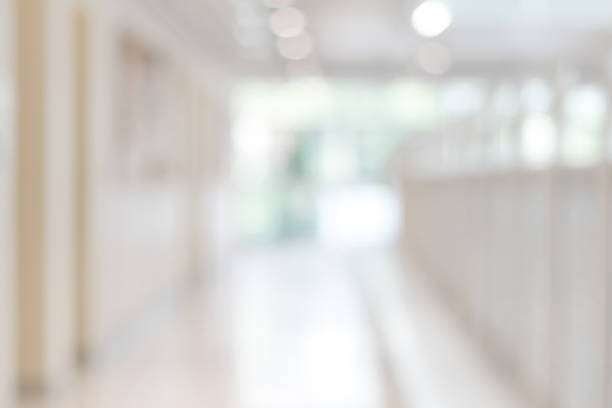 istock Corridor in school or office building blur background with blurry interior view empty hall way, glass curtain wall and floor with exterior light illumination 1088538926