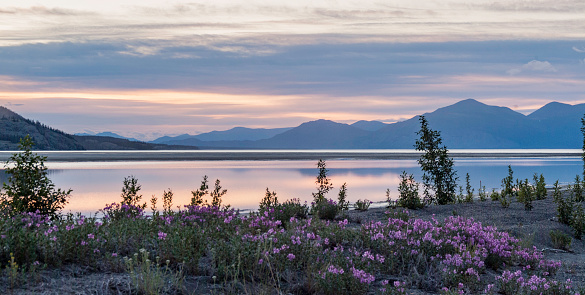 Atlin Lake and Surrounding mountains at about midnight