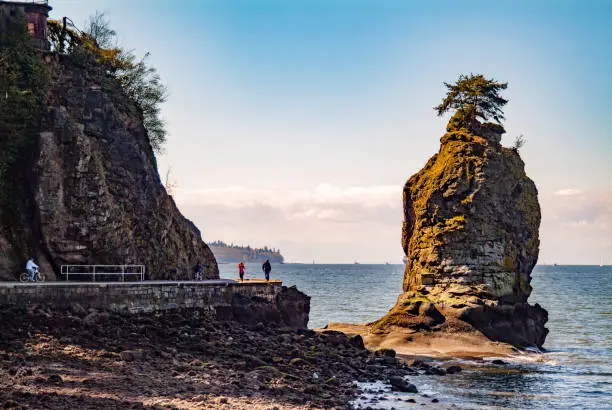 A view of the famous Siwash Rock in Vancouver's Stanley Park. Sunlight highlighting the rock while the seawall remains in shade