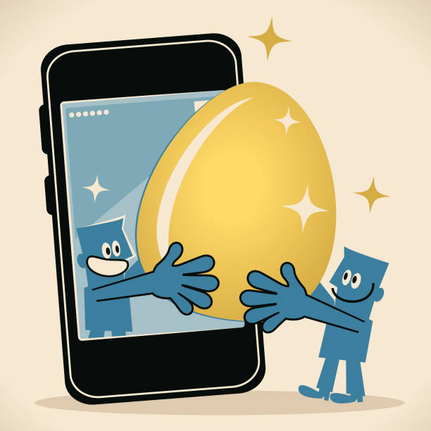 ilustrações, clipart, desenhos animados e ícones de dois homens sorridentes com ouro grande ovo de páscoa e telefone inteligente - two eggs