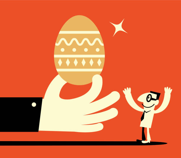 illustrazioni stock, clip art, cartoni animati e icone di tendenza di grande mano che dà grande uovo di pasqua d'oro all'uomo - animal egg eggs food giving