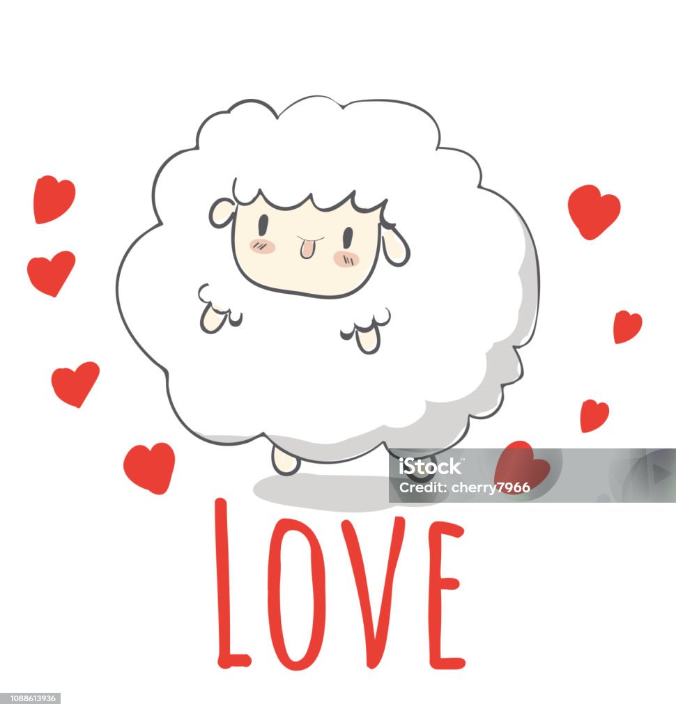 yaratıcı elle çizilmiş kartı Happy Valentine's Day, Sevimli çizgi, koyun, tebrik kartı tebrik kartı ile kalp kart vektör, öğeleri, aşk, el ilanları, davetiye, broşür, poster, afiş - Royalty-free Aşk Vector Art
