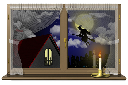 3D illustration. Halloween, epiphany witch with broom in the night.