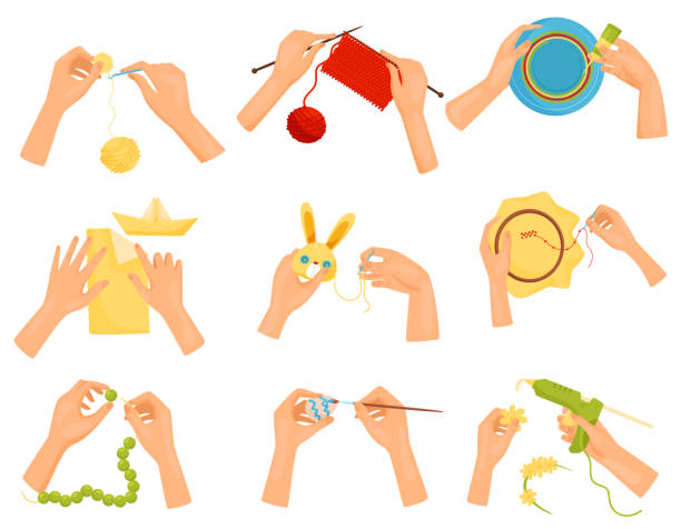 Flat vector set of icons showing different hobbies. Hands doing handmade crafts. Knitting, decorating, painting, sewing Set of icons showing different hobbies. Hands doing handmade crafts. Knitting, decorating plate, painting egg, sewing toy, working with beads, origami. Flat vector design isolated on white background. origami hand stock illustrations
