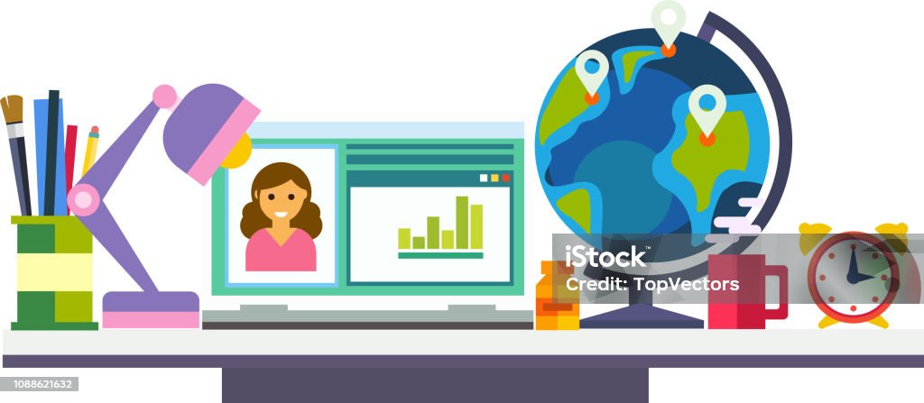 Elearning Work Area Vector Elearning Online Education Process School Student Workspace Or ...