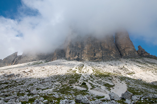 Tre Cime di Lavaredo (Three Pinnacles / Drei Zinnen) in Dolomite Alps, South Tyrol, Italy. Path from Auronzo to Lavaredo Rifugio/hut. Nikon D850.