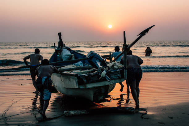 Arambol Goa India November 27, 2018 View of unknowns Indian people pushing a fish boat to the sea on the beach of Arambol during the sunset