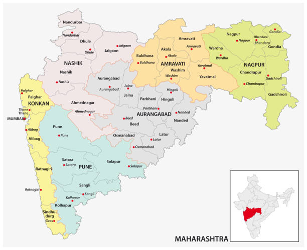 illustrazioni stock, clip art, cartoni animati e icone di tendenza di mappa amministrativa e politica dello stato indiano del maharashtra, india - maharashtra