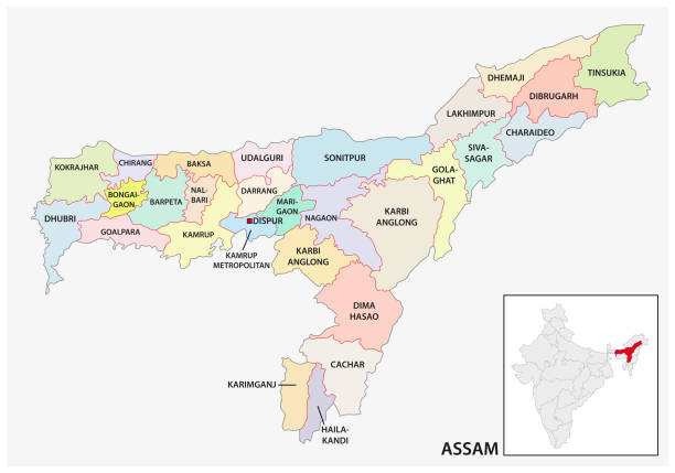 administrative and political map of indian state of Assam, india administrative and political map of indian state of Assam, india assam stock illustrations