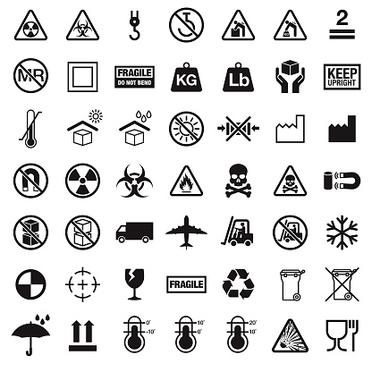 A set of packaging symbols in black. The background is transparent so icons can be placed onto colored backgrounds. File is built in the CMYK color space and all shapes are 100% K (black).