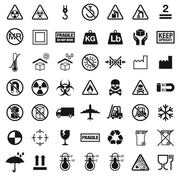 Packaging Symbols A set of packaging symbols in black. The background is transparent so icons can be placed onto colored backgrounds. File is built in the CMYK color space and all shapes are 100% K (black). warehouse clipart stock illustrations