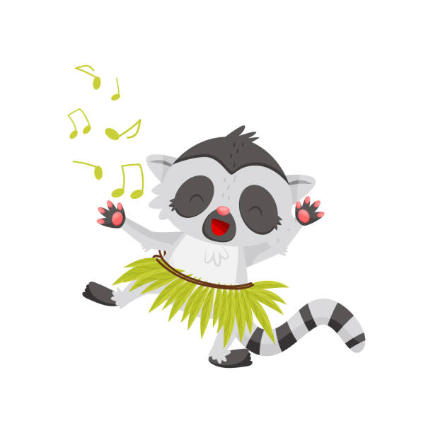 Funny lemur dancing in green hula skirt. Joyful humanized animal with long black-and-white tail. Flat vector design Funny lemur dancing in green hula skirt. Joyful humanized animal with long black-and-white tail. Cartoon character. Graphic element for children book. Flat vector design isolated on white background. grass skirt stock illustrations