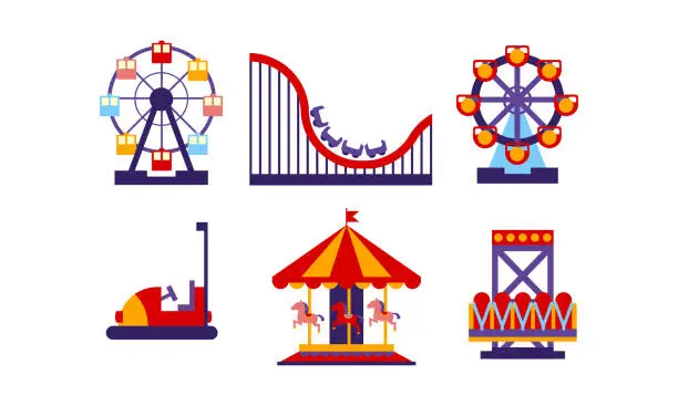 Vector illustration of Flat vector set of amusement park elements. Funfair attractions and carousels. Entertainment theme