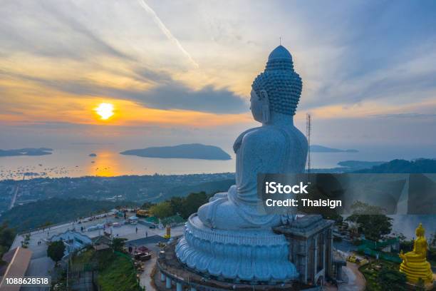 Aerial View Sunrise In Front Of Phuket Big Buddha Stock Photo - Download Image Now - Phuket, Thailand, Giant Buddha