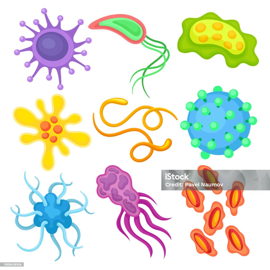 Flat vector set of different dangerous viruses. Pathogenic bacteria. Biology microorganism. Science and medicine theme - Royalty-free Vírus arte vetorial