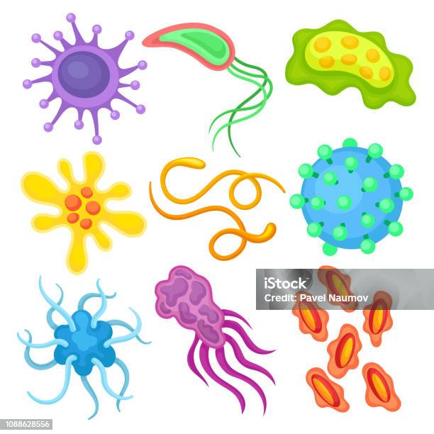 Flat Vector Set Of Different Dangerous Viruses Pathogenic Bacteria Biology Microorganism Science And Medicine Theme - Arte vetorial de stock e mais imagens de Vírus