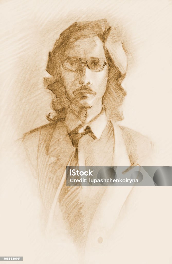 Fashionable illustration drawing a sepia on paper portrait of a young man in suit and tie with long hair in glasses Fashionable illustration drawing a sepia on paper portrait of a young man in suit and tie with long hair in glasses on a white background Men stock illustration