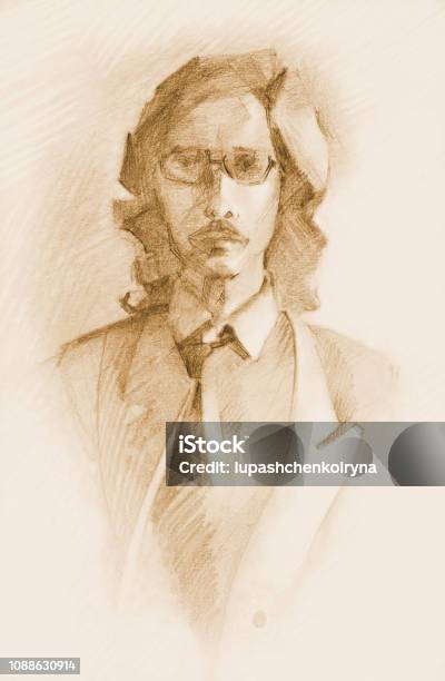 Fashionable Illustration Drawing A Sepia On Paper Portrait Of A Young Man In Suit And Tie With Long Hair In Glasses Stock Illustration - Download Image Now
