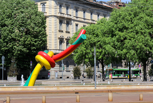 Milan, Italy - April 16 2017: Modern metro station in Milan with art installation \