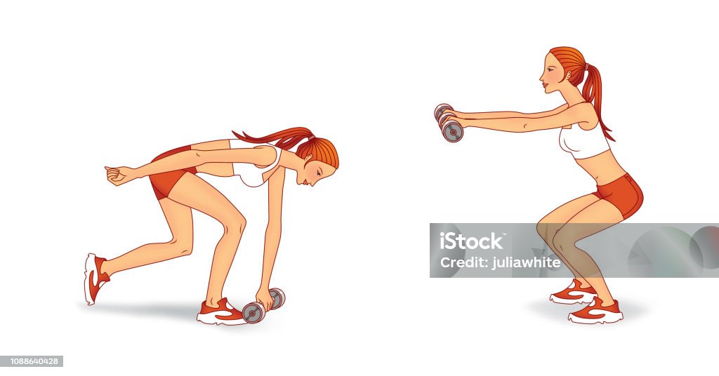 Fitness workout exercises for beauty and health Young woman doing exercises with dumbbells: squat diverting arms and lunges forward with a slope. On a white background. Dishonesty stock illustration