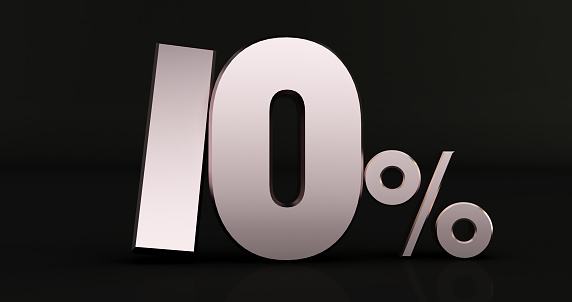 3D rendering of 10 percent on Black background. 3d shiny metal discount collection
