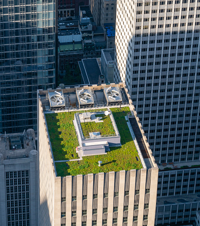New York, USA - May 22, 2018: Green roof of a skyscraper in New York City. It is a roof covered with vegetation designed to offer environmental benefits.