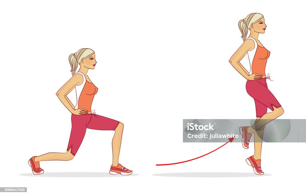 FitneThe girl is performing a "backward" exercise to strengthenss workout exercises for beauty and health The girl is performing a "backward" exercise to strengthen the straight thigh muscle, isolated on a white background Arms Raised stock illustration