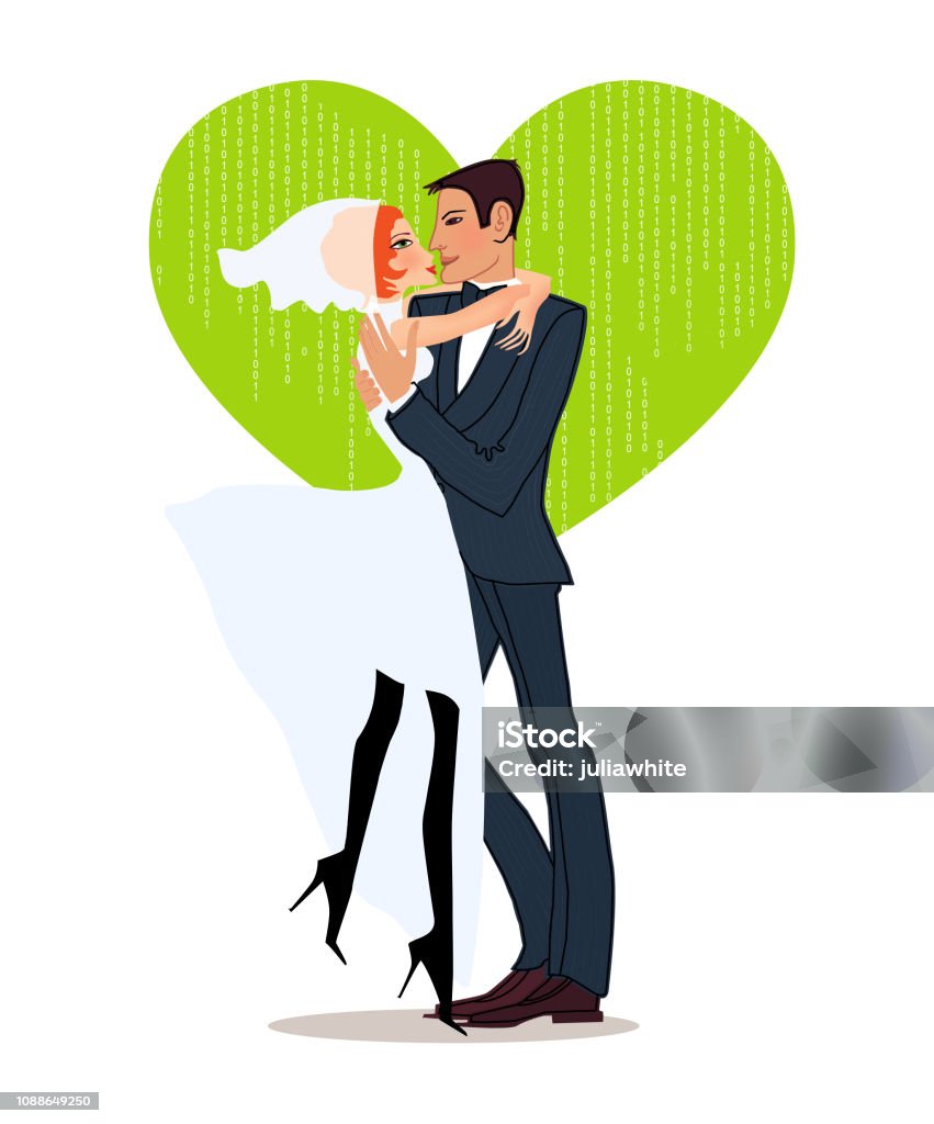 The bride in a wedding dress and veil embraces with the groom in a tuxedo The bride in a wedding dress and veil embraces with the groom in a tuxedo on the background of a green-salad heart with a digital ornament. Isolated on white background Bride stock illustration