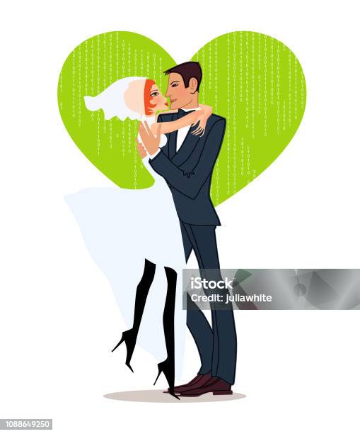 The Bride In A Wedding Dress And Veil Embraces With The Groom In A Tuxedo Stock Illustration - Download Image Now