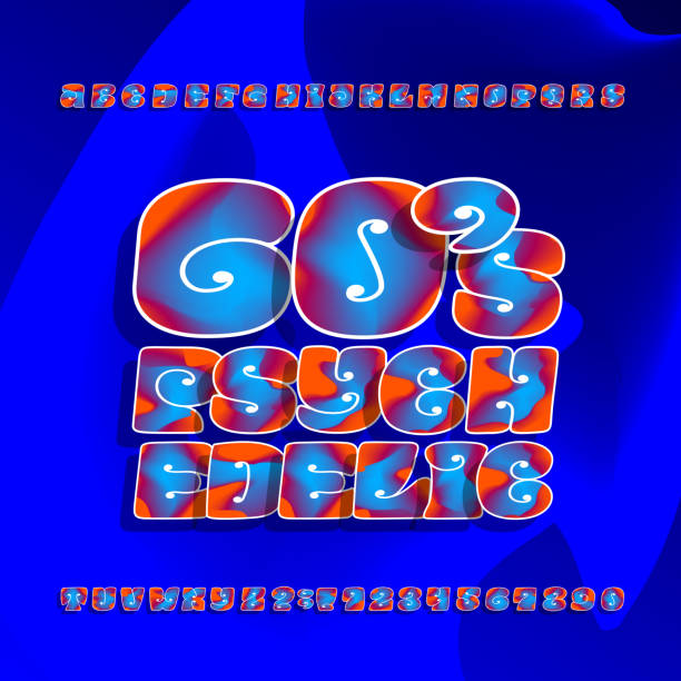 istock Psychedelic alphabet vector font. Hand drawn letters and numbers in 60s hippy style on a bright background. 1088655872