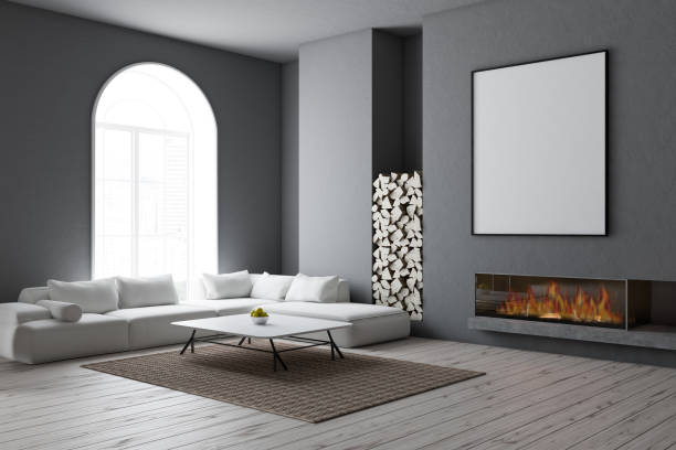 istock Arched gray living room, white sofa, poster 1088660362