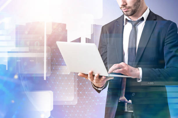 istock Man with laptop, infographics in city 1088662154
