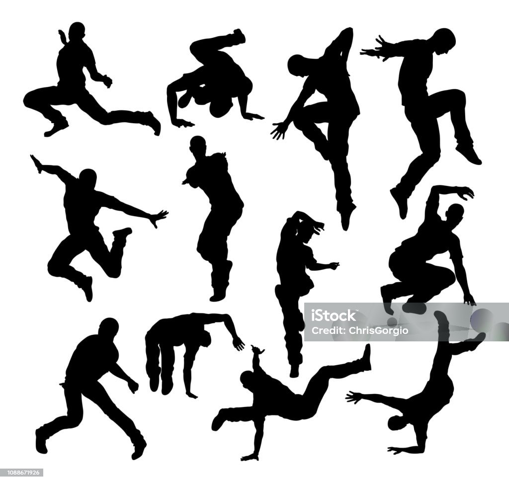 Street Dance Dancer Silhouettes A set of male street dance hip hop dancers in silhouette Dancing stock vector