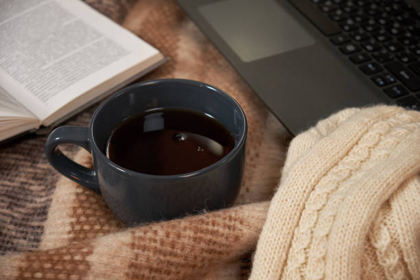 istock A Cup of tea, a book, a laptop and mittens on a blanket 1088680748