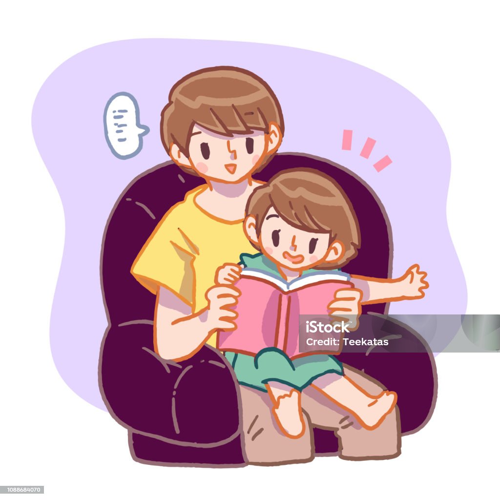 Vector illustration of mother and daughter sitting on sofa and reading book together Adult stock vector