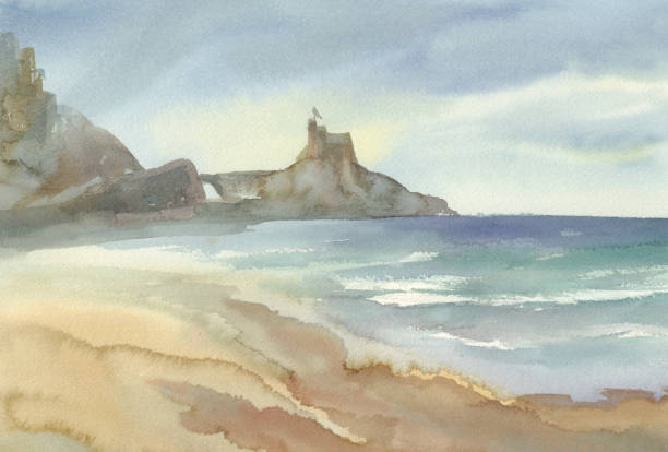 istock Seaside with mountains watercolor landscape. Summer illustration 1088687676