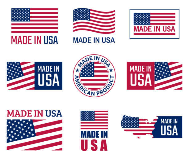 ilustrações, clipart, desenhos animados e ícones de feitas no conjunto de rótulos de eua, emblema do produto americano - state seal