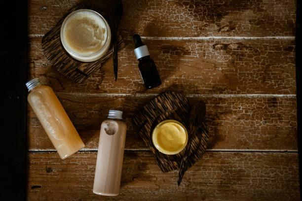 istock Natural SPA cosmetics on wooden table overhead 1088693402