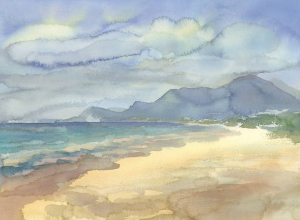 istock Seaside with mountains watercolor landscape. Summer illustration 1088696256