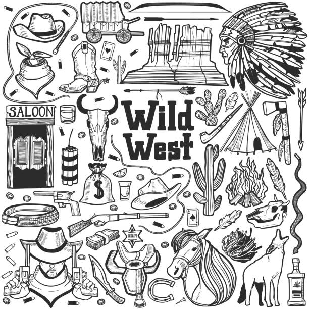 illustrazioni stock, clip art, cartoni animati e icone di tendenza di set wild west in stile disegnato a mano - horseshoe cowboy fire cowboy hat