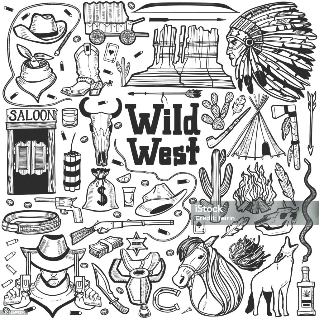 Wild West Set in Hand Drawn Style Wild West Set. Collection in Hand Drawn Style for Surface Design Fliers Banners Prints Posters Cards. Vector Illustration Drawing - Art Product stock vector
