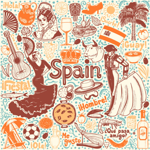 satz von symbolen von spanien im handgezeichneten stil - spain spanish culture art pattern stock-grafiken, -clipart, -cartoons und -symbole