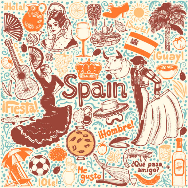 손으로 그린 스타일  에서 스페인의 상징의 세트 - 스페인어 일러스트 stock illustrations