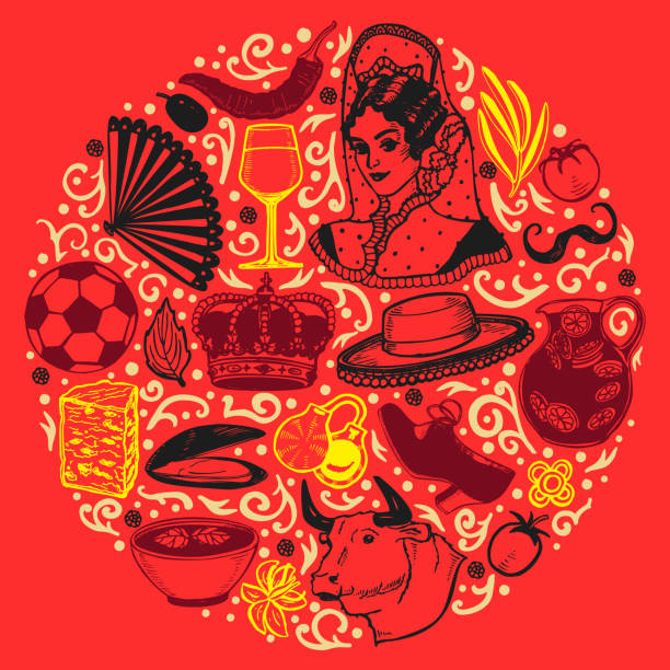 illustrazioni stock, clip art, cartoni animati e icone di tendenza di composizione rotonda scura con simboli spagnoli in stile disegnato a mano - shrimp cocktail
