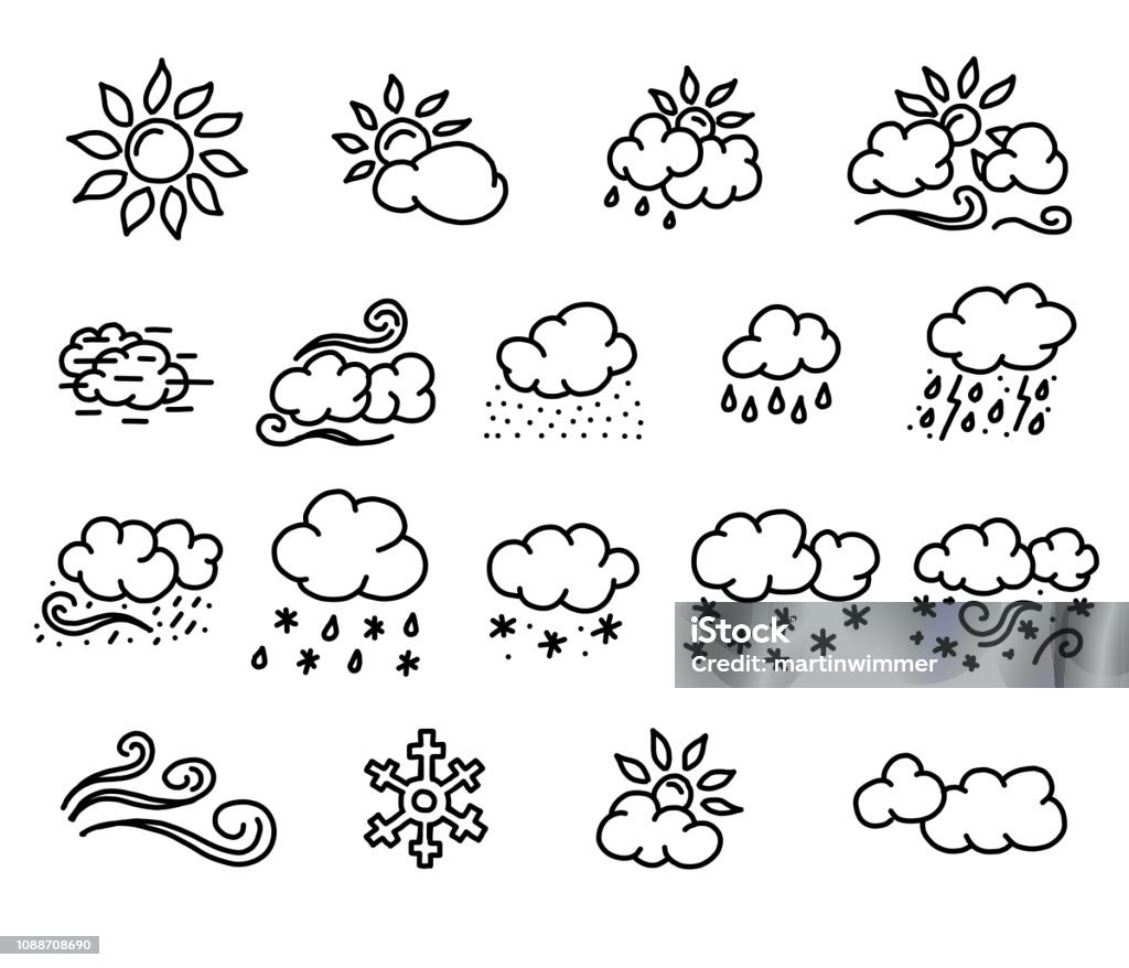 weather doodles symbols icons different weather doodles, symbols or icons. From sunny to rainy, from fog to storm. Doodle stock illustration