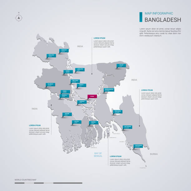 ilustraciones, imágenes clip art, dibujos animados e iconos de stock de mapa de bangladesh del vector con elementos de infografía, puntero marca. - bangladesh map