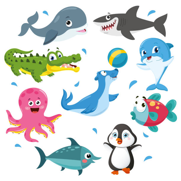 ilustraciones, imágenes clip art, dibujos animados e iconos de stock de ilustración de vector de animales del mar - characters coral sea horse fish