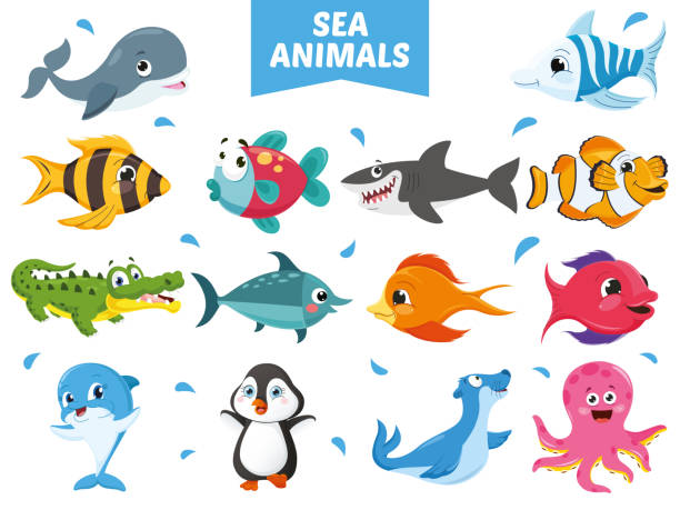 ilustraciones, imágenes clip art, dibujos animados e iconos de stock de ilustración de vector de animales del mar - characters coral sea horse fish